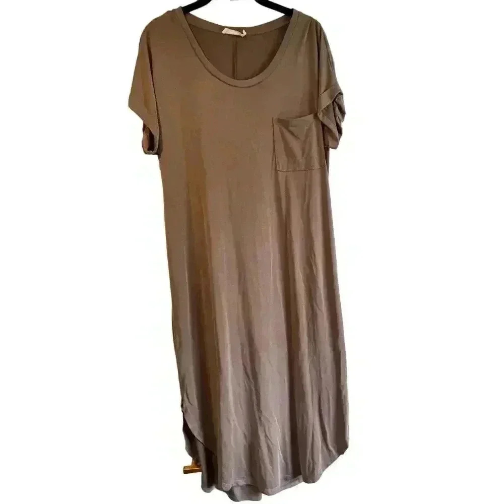 Casual T-Shirt Maxi Dress with Pocket Taupe‎ Brown B3